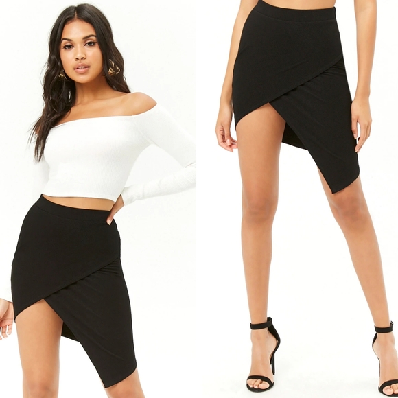 Black Asymmetric Wrap Skirt - Picture 3 of 4